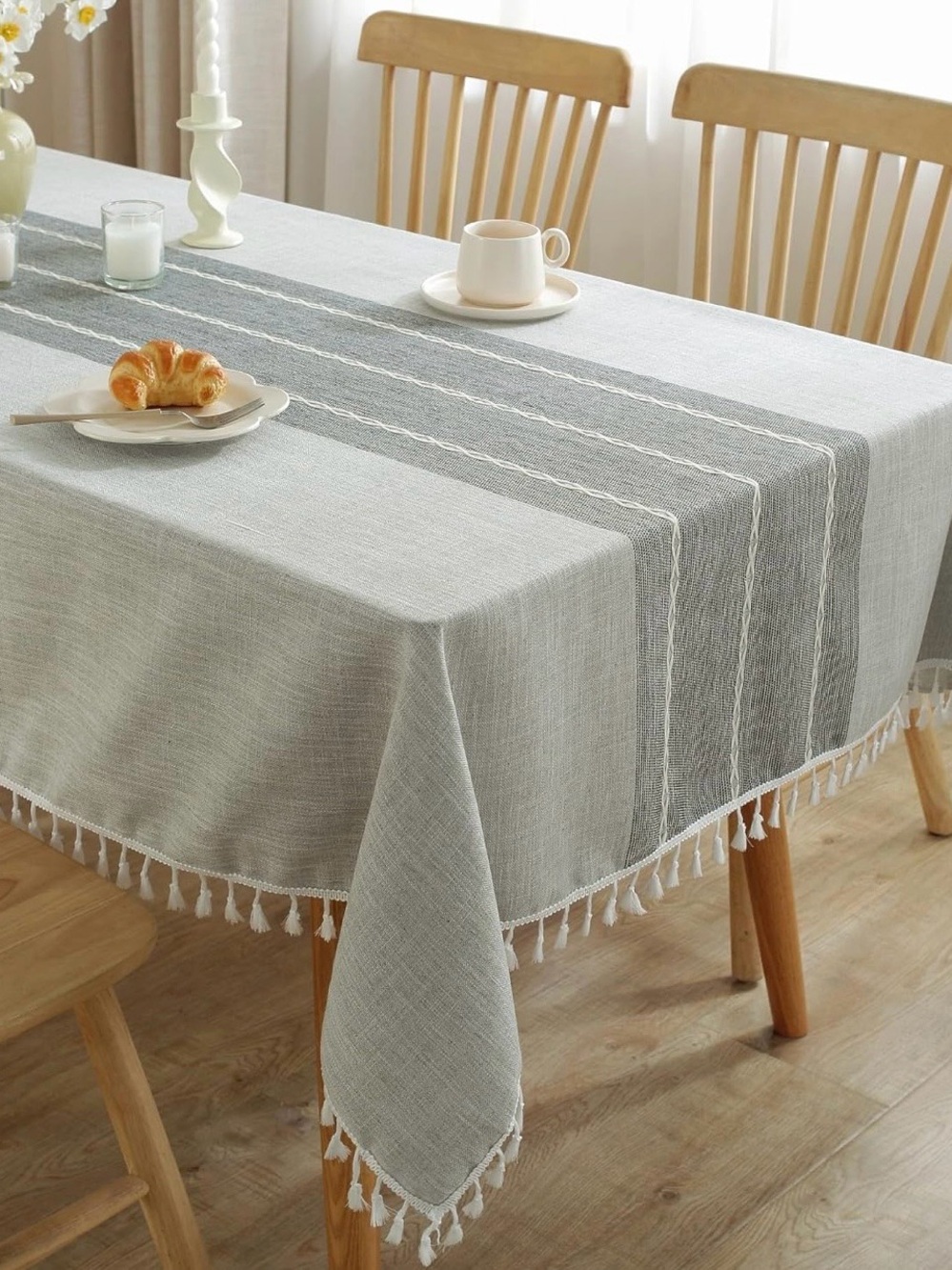 Classic Gray Stripe Tassel Tablecloth